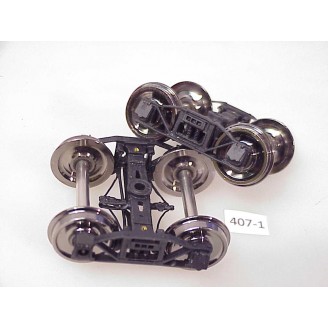 407-1 - O SCALE Trucks, archbar freight, coil sprung; 5' WB; 33" whls., sprung, working journal lids, double insulated, full brake detail, factory painted - Pkg. 1 pair
